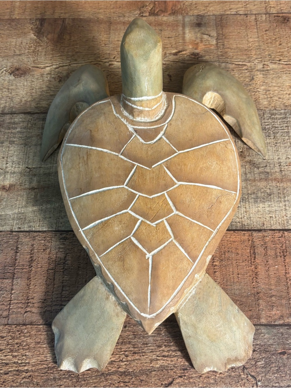Vtg Hand Carved 11” Wooden Sea Turtle Figurine - Nautical Boho Coastal Wood Art - Picture 3 of 8